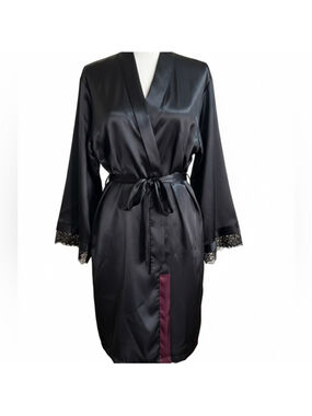 Vintage Black Satin Robe with Lace Trim